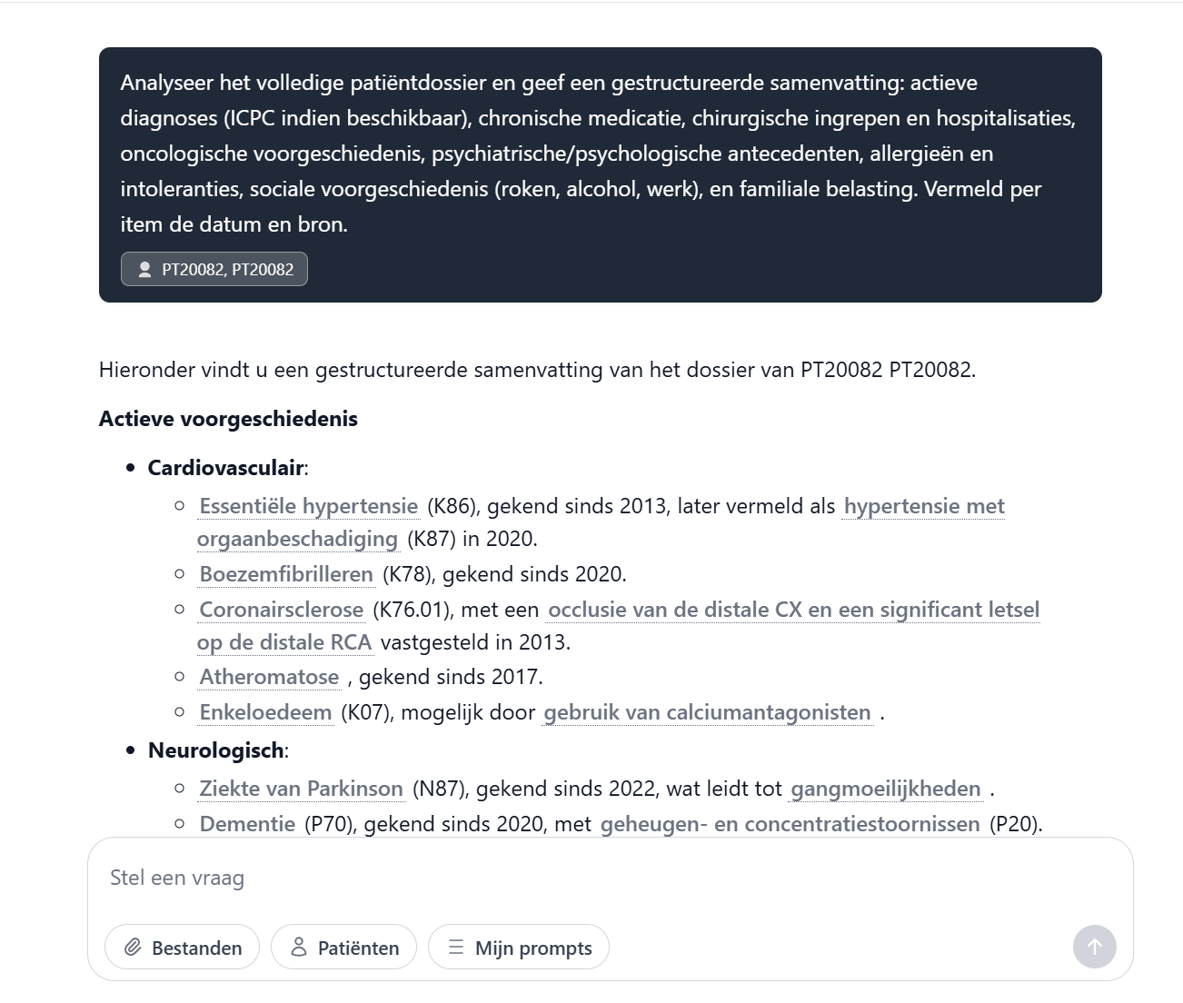 Co-Chat genereert een gestructureerde samenvatting van een patiëntendossier met ICPC-codes